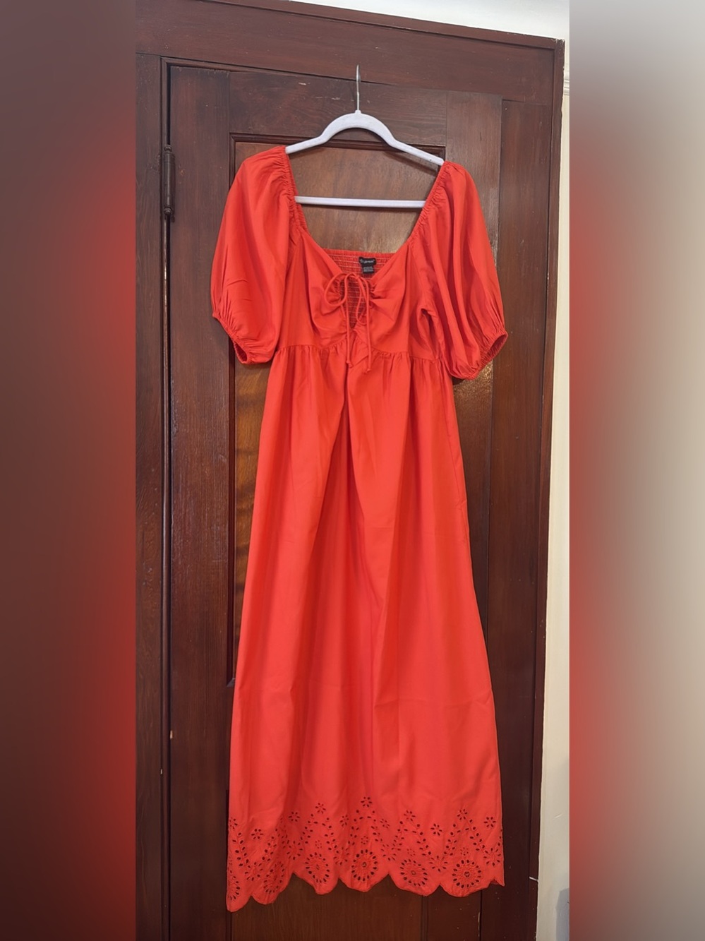 Red Orange Puff-Sleeve Maxi Dress with Eyelet Hem